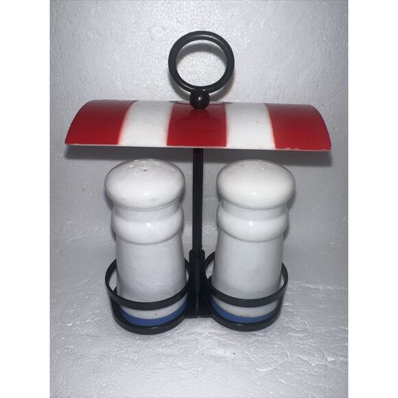 Vintage Chef Salt Pepper Shakers with Holder Canopy Awning - 1960’s Hong Kong - Picture 2 of 5